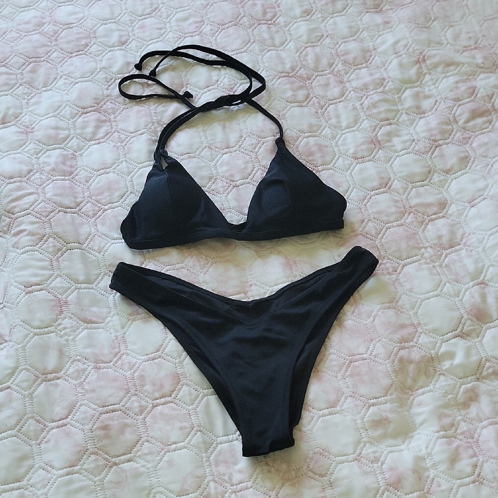 Pink Victoria's Secret Black Triangle Bikini Set